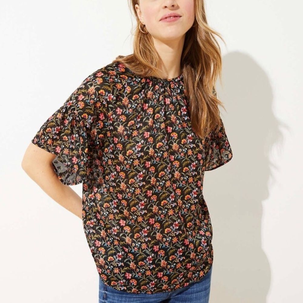 NWT Loft Floral Tie Flutter Blouse Petite XS Black Gold Red Brown